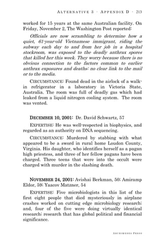 A L T E R N A T I V E 3 ∙ A P P E N D I X D ∙ 213
A R C H I M E D E S P R E S S
worked for 15 years at the same Australian facility. On
Friday, November 2, The Washington Post reported:
Officials are now scrambling to determine how a
quiet, 61-year-old Vietnamese immigrant, riding the
subway each day to and from her job in a hospital
stockroom, was exposed to the deadly anthrax spores
that killed her this week. They worry because there is no
obvious connection to the factors common to earlier
anthrax exposures and deaths: no clear link to the mail
or to the media.
CIRCUMSTANCE: Found dead in the airlock of a walk-
in refrigerator in a laboratory in Victoria State,
Australia. The room was full of deadly gas which had
leaked from a liquid nitrogen cooling system. The room
was vented.
DECEMBER 10, 2001: Dr. David Schwartz, 57
EXPERTISE: He was well-respected in biophysics, and
regarded as an authority on DNA sequencing.
CIRCUMSTANCE: Murdered by stabbing with what
appeared to be a sword in rural home Loudon County,
Virginia. His daughter, who identifies herself as a pagan
high priestess, and three of her fellow pagans have been
charged. Three teens that were into the occult were
charged with murder in the slashing death.
NOVEMBER 24, 2001: Avishai Berkman, 50; Amiramp
Eldor, 59; Yaacov Matzner, 54
EXPERTISE: Five microbiologists in this list of the
first eight people that died mysteriously in airplane
crashes worked on cutting edge microbiology research;
and, four of the five were doing virtually identical
research; research that has global political and financial
significance.
 
