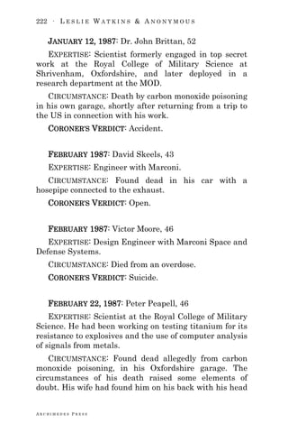 222 ∙ L E S L I E W A T K I N S & A N O N Y M O U S
A R C H I M E D E S P R E S S
JANUARY 12, 1987: Dr. John Brittan, 52
EXPERTISE: Scientist formerly engaged in top secret
work at the Royal College of Military Science at
Shrivenham, Oxfordshire, and later deployed in a
research department at the MOD.
CIRCUMSTANCE: Death by carbon monoxide poisoning
in his own garage, shortly after returning from a trip to
the US in connection with his work.
CORONER‘S VERDICT: Accident.
FEBRUARY 1987: David Skeels, 43
EXPERTISE: Engineer with Marconi.
CIRCUMSTANCE: Found dead in his car with a
hosepipe connected to the exhaust.
CORONER‘S VERDICT: Open.
FEBRUARY 1987: Victor Moore, 46
EXPERTISE: Design Engineer with Marconi Space and
Defense Systems.
CIRCUMSTANCE: Died from an overdose.
CORONER‘S VERDICT: Suicide.
FEBRUARY 22, 1987: Peter Peapell, 46
EXPERTISE: Scientist at the Royal College of Military
Science. He had been working on testing titanium for its
resistance to explosives and the use of computer analysis
of signals from metals.
CIRCUMSTANCE: Found dead allegedly from carbon
monoxide poisoning, in his Oxfordshire garage. The
circumstances of his death raised some elements of
doubt. His wife had found him on his back with his head
 