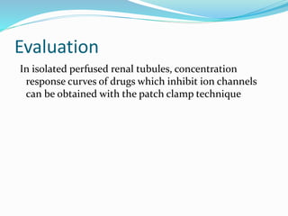 Evaluation
In isolated perfused renal tubules, concentration
response curves of drugs which inhibit ion channels
can be obtained with the patch clamp technique
 