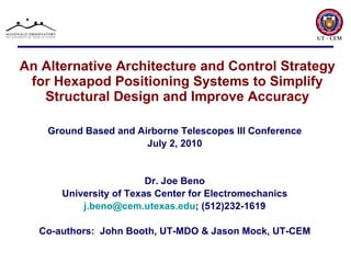 An Alternative Architecture and Control Strategy for Hexapod Positioning Systems to Simplify Structural Design and Improve Accuracy ,[object Object],[object Object],[object Object],[object Object],[object Object],[object Object]