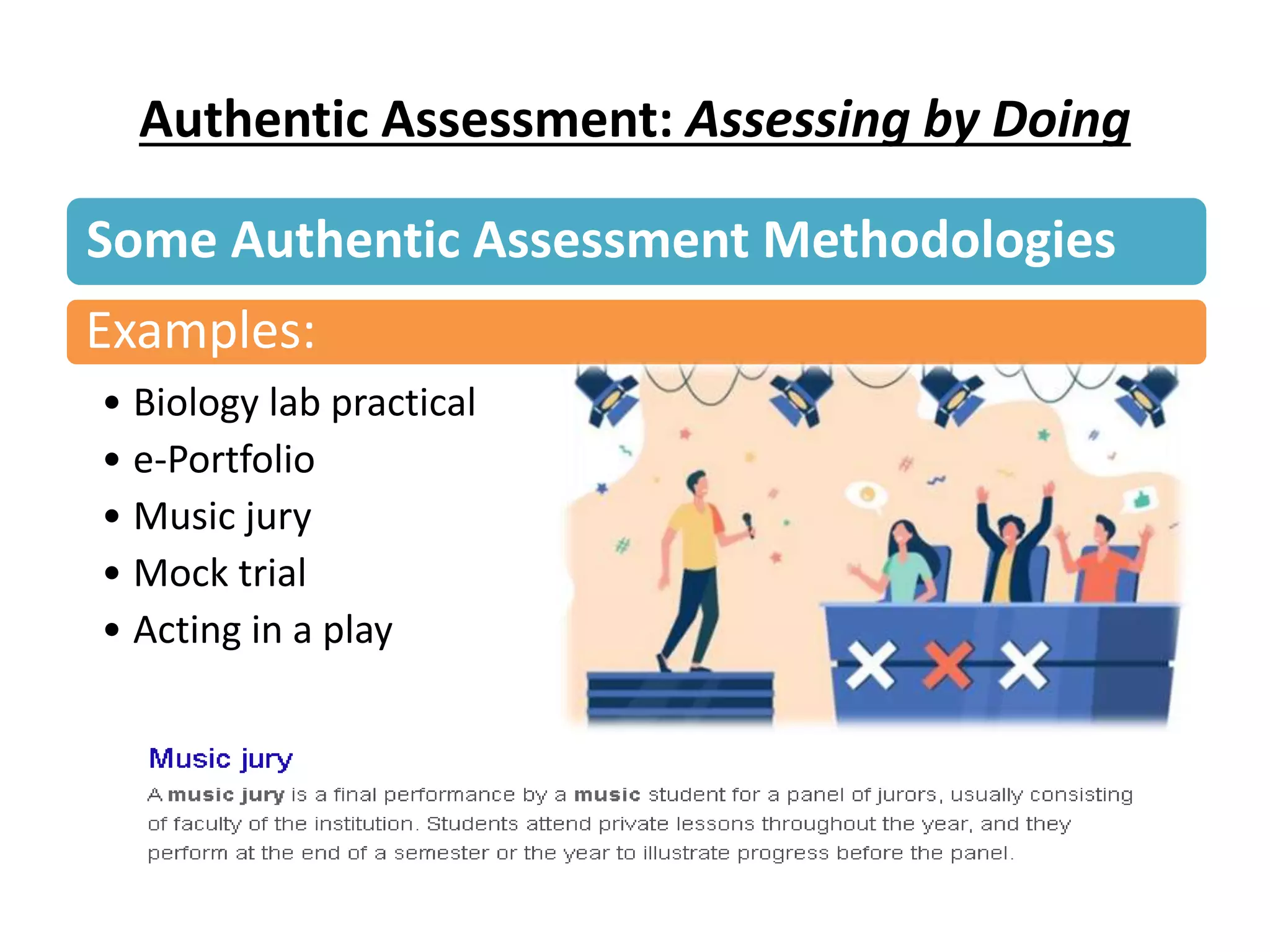 Authentic Assessment: Assessing by Doing
Some Authentic Assessment Methodologies
Examples:
• Biology lab practical
• e-Portfolio
• Music jury
• Mock trial
• Acting in a play
 
