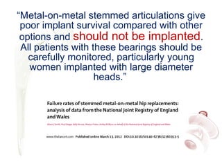 “Metal-on-metal stemmed articulations give
poor implant survival compared with other
options and should not be implanted.
All patients with these bearings should be
carefully monitored, particularly young
women implanted with large diameter
heads.”
 