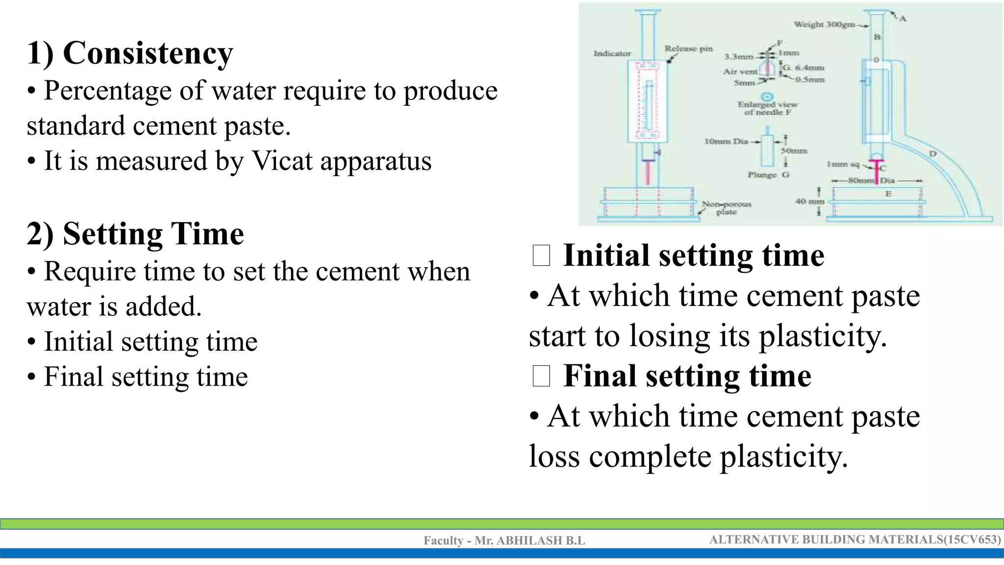 Faculty - Mr. ABHILASH B.L ALTERNATIVE BUILDING MATERIALS(15CV653)
1) Consistency
• Percentage of water require to produce
standard cement paste.
• It is measured by Vicat apparatus
2) Setting Time
• Require time to set the cement when
water is added.
• Initial setting time
• Final setting time
Initial setting time
• At which time cement paste
start to losing its plasticity.
Final setting time
• At which time cement paste
loss complete plasticity.
 