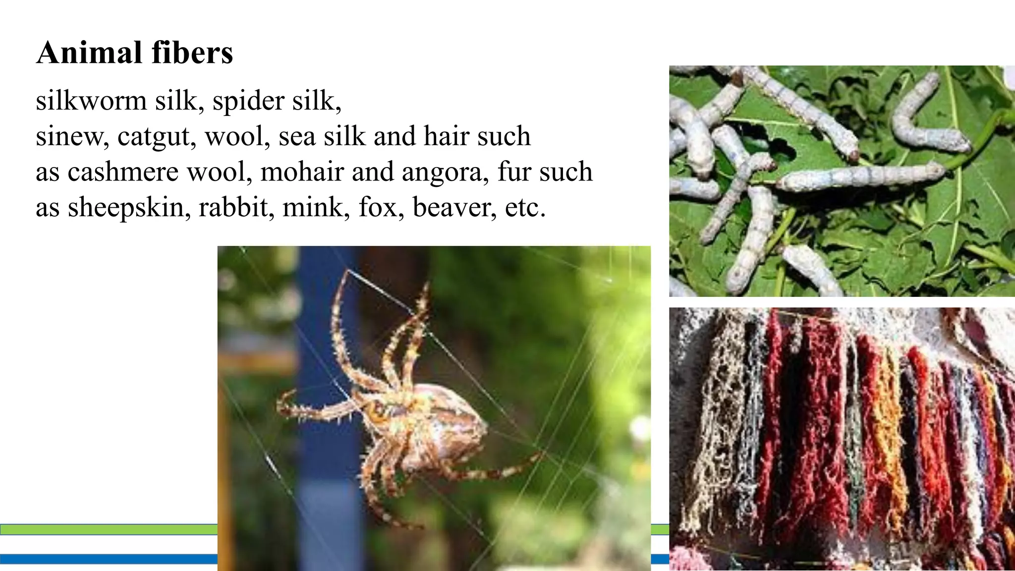 Faculty - Mr. ABHILASH B.L ALTERNATIVE BUILDING MATERIALS(15CV653)
Animal fibers
silkworm silk, spider silk,
sinew, catgut, wool, sea silk and hair such
as cashmere wool, mohair and angora, fur such
as sheepskin, rabbit, mink, fox, beaver, etc.
 