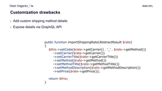 #MM19PL
Customization drawbacks
public function importShippingRate(AbstractResult $rate)
{
$this->setCode($rate->getCarrier() . '_' . $rate->getMethod())
->setCarrier($rate->getCarrier())
->setCarrierTitle($rate->getCarrierTitle())
->setMethod($rate->getMethod())
->setMethodTitle($rate->getMethodTitle())
->setMethodDescription($rate->getMethodDescription())
->setPrice($rate->getPrice());
return $this;
}
- Add custom shipping method details
- Expose details via GraphQL API
 