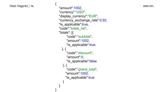 #MM19PL
{
"amount":1002,
"currency":"USD",
"display_currency":"EUR",
"currency_exchange_rate":0.92,
"is_applicable":true,
"code":"totals_list",
"totals": [{
"code":"subtotal",
"amount":1002,
"is_applicable":true
}, {
"code":"discount",
"amount":0,
"is_applicable":false
}, {
"code":"grand_total",
"amount":1002,
"is_applicable":true
}
]
}
 