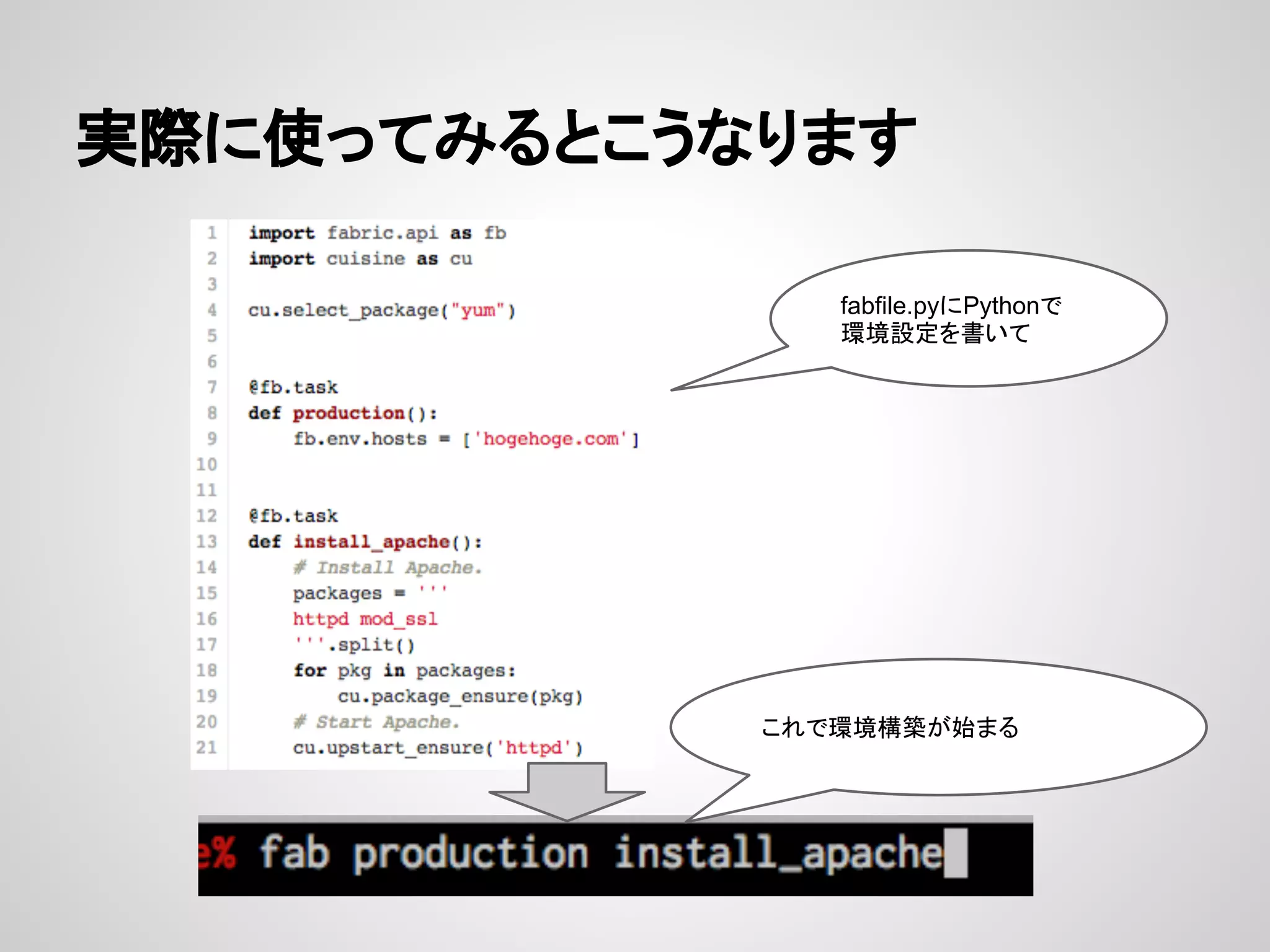 実際に使ってみるとこうなります
fabfile.pyにPythonで
環境設定を書いて
これで環境構築が始まる
 