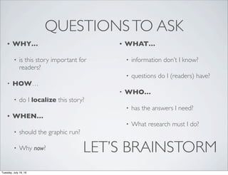 QUESTIONSTO ASK
• WHY…
• is this story important for
readers?
• HOW…
• do I localize this story?
• WHEN…
• should the graphic run?
• Why now?
• WHAT…
• information don’t I know?
• questions do I (readers) have?
• WHO…
• has the answers I need?
• What research must I do?
LET’S BRAINSTORM
Tuesday, July 19, 16
 