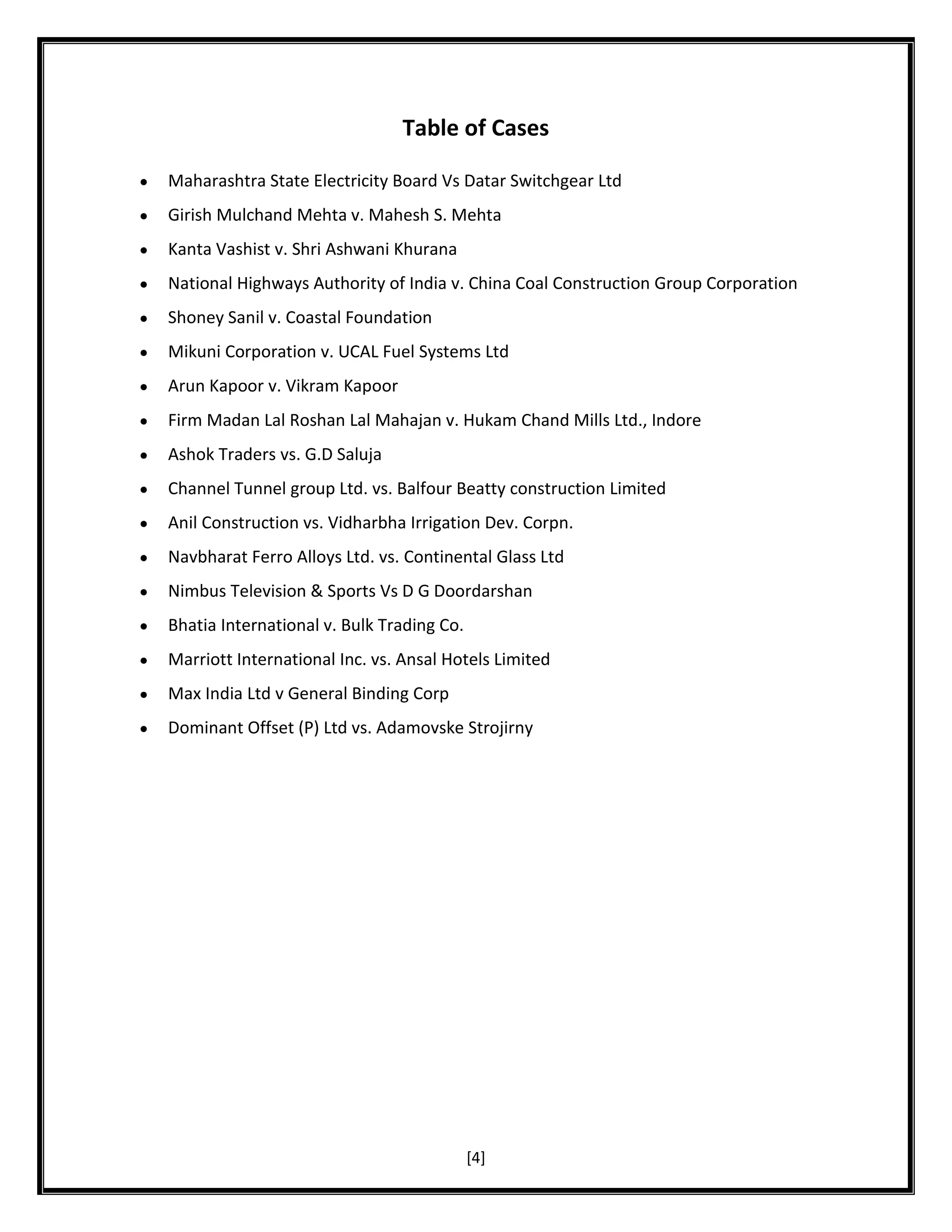 Table of Cases
Maharashtra State Electricity Board Vs Datar Switchgear Ltd
Girish Mulchand Mehta v. Mahesh S. Mehta
Kanta Vashist v. Shri Ashwani Khurana
National Highways Authority of India v. China Coal Construction Group Corporation
Shoney Sanil v. Coastal Foundation
Mikuni Corporation v. UCAL Fuel Systems Ltd
Arun Kapoor v. Vikram Kapoor
Firm Madan Lal Roshan Lal Mahajan v. Hukam Chand Mills Ltd., Indore
Ashok Traders vs. G.D Saluja
Channel Tunnel group Ltd. vs. Balfour Beatty construction Limited
Anil Construction vs. Vidharbha Irrigation Dev. Corpn.
Navbharat Ferro Alloys Ltd. vs. Continental Glass Ltd
Nimbus Television & Sports Vs D G Doordarshan
Bhatia International v. Bulk Trading Co.
Marriott International Inc. vs. Ansal Hotels Limited
Max India Ltd v General Binding Corp
Dominant Offset (P) Ltd vs. Adamovske Strojirny

[4]

 