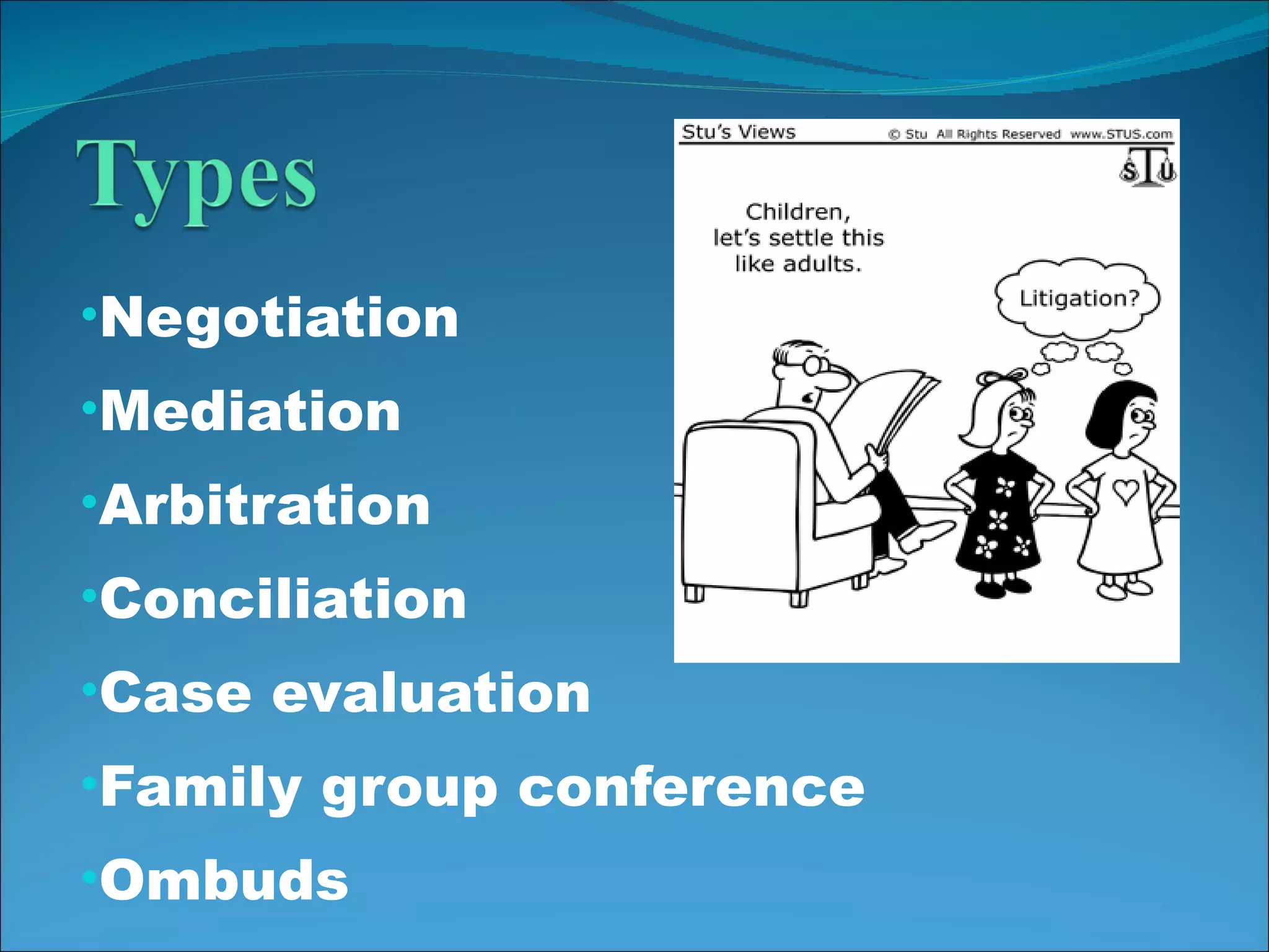 Negotiation Mediation Arbitration Conciliation Case evaluation Family group conference Ombuds