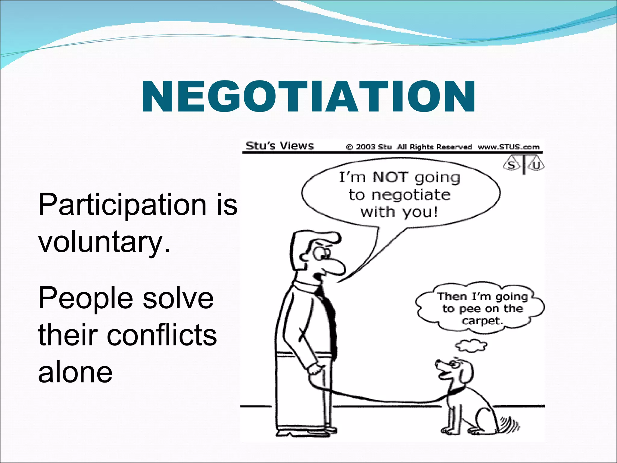NEGOTIATION Participation is voluntary. People solve their conflicts alone