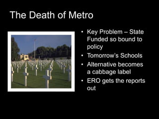 The Death of Metro
• Key Problem – State
Funded so bound to
policy
• Tomorrow’s Schools
• Alternative becomes
a cabbage label
• ERO gets the reports
out
 