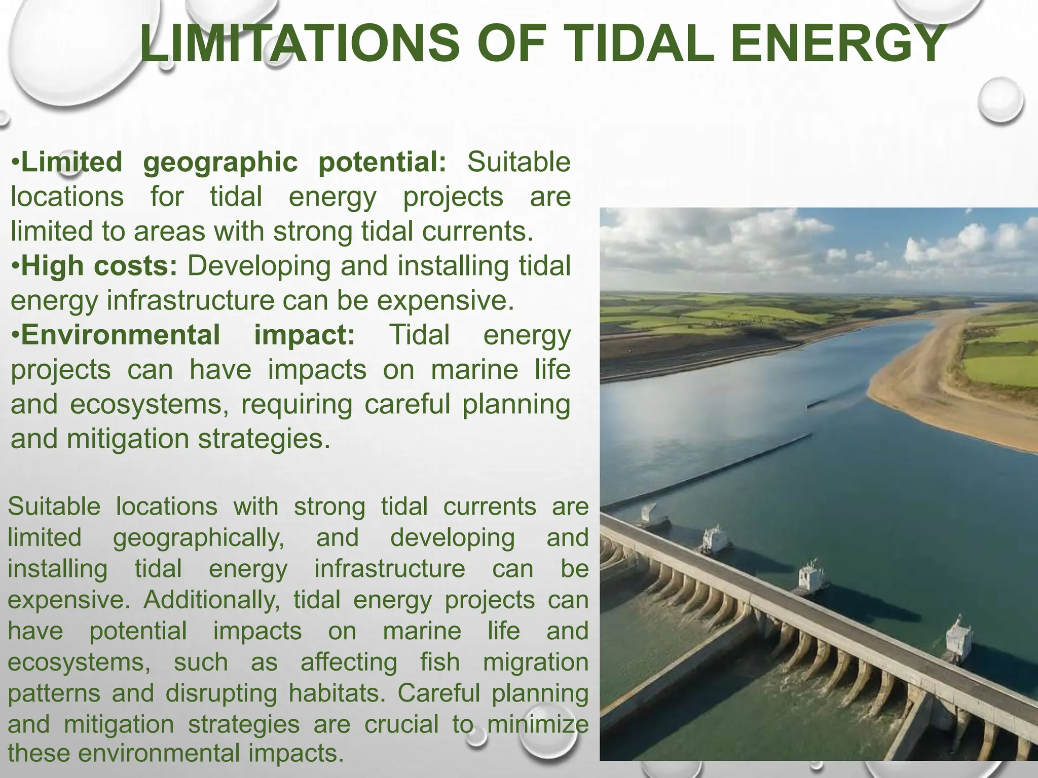 LIMITATIONS OF TIDAL ENERGY
•Limited geographic potential: Suitable
locations for tidal energy projects are
limited to areas with strong tidal currents.
•High costs: Developing and installing tidal
energy infrastructure can be expensive.
•Environmental impact: Tidal energy
projects can have impacts on marine life
and ecosystems, requiring careful planning
and mitigation strategies.
Suitable locations with strong tidal currents are
limited geographically, and developing and
installing tidal energy infrastructure can be
expensive. Additionally, tidal energy projects can
have potential impacts on marine life and
ecosystems, such as affecting fish migration
patterns and disrupting habitats. Careful planning
and mitigation strategies are crucial to minimize
these environmental impacts.
 