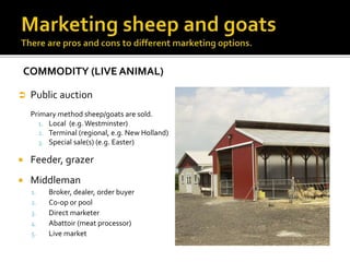 COMMODITY (LIVE ANIMAL)
 Public auction
Primary method sheep/goats are sold.
1. Local (e.g. Westminster)
2. Terminal (regional, e.g. New Holland)
3. Special sale(s) (e.g. Easter)
 Feeder, grazer
 Middleman
1. Broker, dealer, order buyer
2. Co-op or pool
3. Direct marketer
4. Abattoir (meat processor)
5. Live market
 