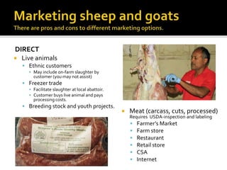 DIRECT
 Meat (carcass, cuts, processed)
Requires USDA-inspection and labeling
 Farmer’s Market
 Farm store
 Restaurant
 Retail store
 CSA
 Internet
 Live animals
 Ethnic customers
 May include on-farm slaughter by
customer (you may not assist)
 Freezer trade
 Facilitate slaughter at local abattoir.
 Customer buys live animal and pays
processing costs.
 Breeding stock and youth projects.
 