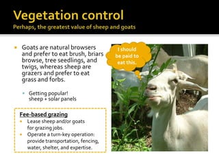  Goats are natural browsers
and prefer to eat brush, briars
browse, tree seedlings, and
twigs, whereas sheep are
grazers and prefer to eat
grass and forbs.
 Getting popular!
sheep + solar panels
Fee-based grazing
 Lease sheep and/or goats
for grazing jobs.
 Operate a turn-key operation:
provide transportation, fencing,
water, shelter, and expertise.
I should
be paid to
eat this.
 
