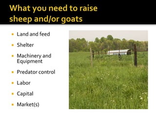  Land and feed
 Shelter
 Machinery and
Equipment
 Predator control
 Labor
 Capital
 Market(s)
 