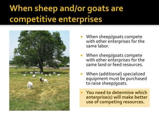  When sheep/goats compete
with other enterprises for the
same labor.
 When sheep/goats compete
with other enterprises for the
same land or feed resources.
 When (additional) specialized
equipment must be purchased
to raise sheep/goats.
 You need to determine which
enterprise(s) will make better
use of competing resources.
 