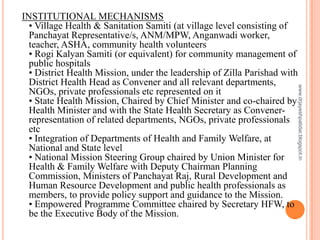 INSTITUTIONAL MECHANISMS
• Village Health & Sanitation Samiti (at village level consisting of
Panchayat Representative/s, ...