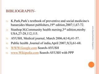 BIBLIOGRAPHY-
1) K.Park,Park‟s textbook of preventive and social medicine/s
banarsides bhanot publishers,19th edition,2007...