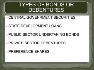 TYPES OF BONDS OR
DEBENTURES
CENTRAL GOVENRMENT SECURITIES
STATE DEVELOPMENT LOANS
PUBLIC SECTOR UNDERTAKING BONDS
PRIVATE SECTOR DEBENTURES
PREFERENCE SHARES
 