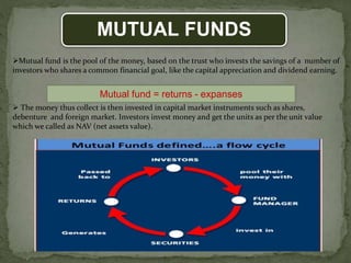 MUTUAL FUNDS
Mutual fund is the pool of the money, based on the trust who invests the savings of a number of
investors who shares a common financial goal, like the capital appreciation and dividend earning.
 The money thus collect is then invested in capital market instruments such as shares,
debenture and foreign market. Investors invest money and get the units as per the unit value
which we called as NAV (net assets value).
Mutual fund = returns - expanses
 