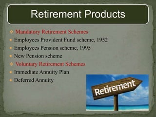 Retirement Products
 Mandatory Retirement Schemes
 Employees Provident Fund scheme, 1952
 Employees Pension scheme, 1995
 New Pension scheme
 Voluntary Retirement Schemes
 Immediate Annuity Plan
 Deferred Annuity
 