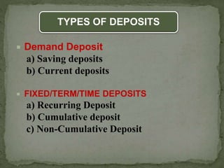 TYPES OF DEPOSITS
 Demand Deposit
a) Saving deposits
b) Current deposits
 FIXED/TERM/TIME DEPOSITS
a) Recurring Deposit
b) Cumulative deposit
c) Non-Cumulative Deposit
 