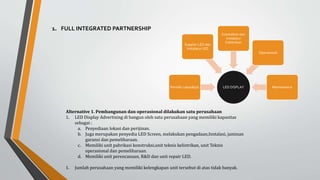 LED DISPLAYPemilik Lahan&Ijin
Supplier LED dan
Instalatur LED
Kontraktor dan
Instalatur
Kelistrikan
Operasional
Maintenence
Alternative 1. Pembangunan dan operasional dilakukan satu perusahaan
1. LED Display Advertising di bangun oleh satu perusahaan yang memiliki kapasitas
sebagai :
a. Penyediaan lokasi dan perijinan.
b. Juga merupakan penyedia LED Screen, melakukan pengadaan,Instalasi, jaminan
garansi dan pemeliharaan.
c. Memiliki unit pabrikasi konstruksi,unit teknis kelistrikan, unit Teknis
operasional dan pemeliharaan.
d. Memiliki unit perencanaan, R&D dan unit repair LED.
1. Jumlah perusahaan yang memiliki kelengkapan unit tersebut di atas tidak banyak.
1. FULL INTEGRATED PARTNERSHIP
 