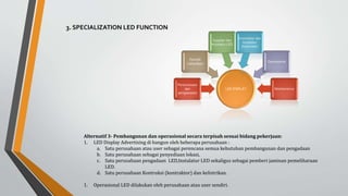 Alternatif 3- Pembangunan dan operasional secara terpisah sesuai bidang pekerjaan:
1. LED Display Advertising di bangun oleh beberapa perusahaan :
a. Satu perusahaan atau user sebagai perencana semua kebutuhan pembangunan dan pengadaan
b. Satu perusahaan sebagai penyediaan lokasi,
c. Satu perusahaan pengadaan LED,Instalatur LED sekaligus sebagai pemberi jaminan pemeliharaan
LED.
d. Satu perusahaan Kontruksi (kontraktor) dan kelistrikan.
1. Operasional LED dilakukan oleh perusahaan atau user sendiri.
LED DISPLAY
Perencanaan
dan
pengawasan
Pemilik
Lahan&Ijin
Supplier dan
Instalatur LED
Kontraktor dan
Instalatur
Kelistrikan
Operasional
Maintenence
3. SPECIALIZATION LED FUNCTION
 