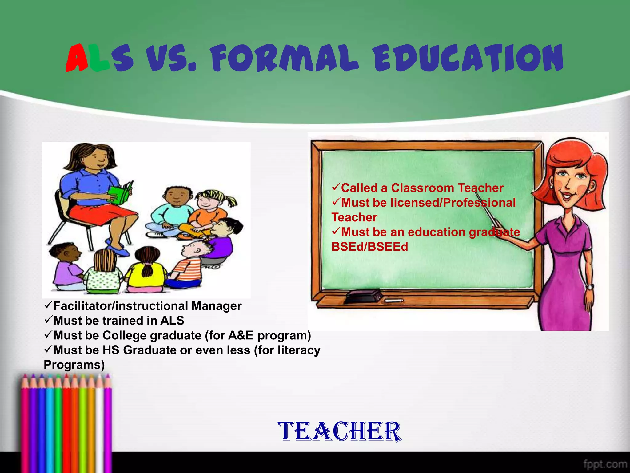 ALS vs. Formal Education

Called a Classroom Teacher
Must be licensed/Professional
Teacher
Must be an education graduate
BSEd/BSEEd

Facilitator/instructional Manager
Must be trained in ALS
Must be College graduate (for A&E program)
Must be HS Graduate or even less (for literacy
Programs)

TEACHER

 