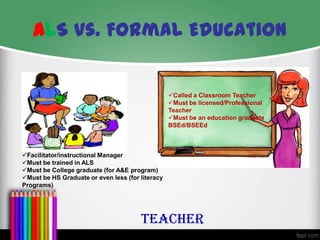 ALS vs. Formal Education

Called a Classroom Teacher
Must be licensed/Professional
Teacher
Must be an education graduate
BSEd/BSEEd

Facilitator/instructional Manager
Must be trained in ALS
Must be College graduate (for A&E program)
Must be HS Graduate or even less (for literacy
Programs)

TEACHER

 