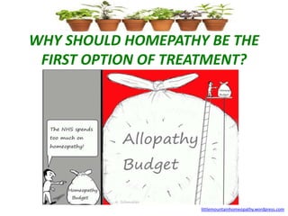 WHY SHOULD HOMEPATHY BE THE
FIRST OPTION OF TREATMENT?
littlemountainhomeopathy.wordpress.com
 
