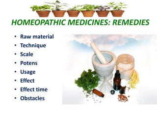 HOMEOPATHIC MEDICINES: REMEDIES
• Raw material
• Technique
• Scale
• Potens
• Usage
• Effect
• Effect time
• Obstacles
 