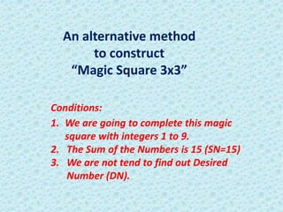 An alternative method
to construct
“Magic Square 3x3”
Conditions:
1. We are going to complete this magic
square with integers 1 to 9.
2. The Sum of the Numbers is 15 (SN=15)
3. We are not tend to find out Desired
Number (DN).

 