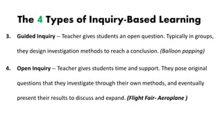The 4 Types of Inquiry-Based Learning
3. Guided Inquiry -- Teacher gives students an open question. Typically in groups,
they design investigation methods to reach a conclusion. (Balloon popping)
4. Open Inquiry -- Teacher gives students time and support. They pose original
questions that they investigate through their own methods, and eventually
present their results to discuss and expand. (Flight Fair- Aeroplane )
 