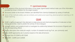  Ligand based strategy
 In the absence of the structural information of the target, ligand based method make use of the information
provided by known inhibitors for the target receptor.
 Structures similar to the known inhibitors are identified from chemical databases by variety of methods
 Some of the methods widely used are similarity and substructure searching, pharmacophore matching or 3D
shape matching.
QSAR
 QSAR is statistical approach that attempts to relate physical and chemical properties of molecules to their
biological activities. Used to predict the activity of new analogues
 employs statistics and analytical tools to investigate the relationship between the structures of ligands and
their corresponding effects.
 Various descriptors like molecular weight, number of rotatable bonds log P etc. are commonly used.
 Many QSAR approaches are in practice based on the data dimensions
 It ranges from 1D QSAR to 6D QSAR
 3D QSAR:- CoMFA and CoMSIA
 