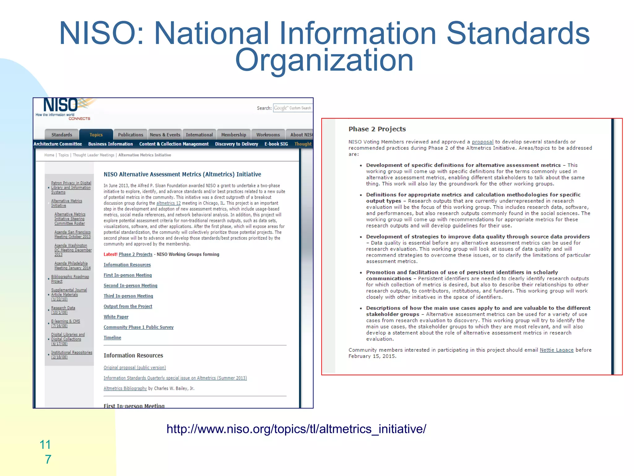 NISO: National Information Standards
Organization
11
7
http://www.niso.org/topics/tl/altmetrics_initiative/
 