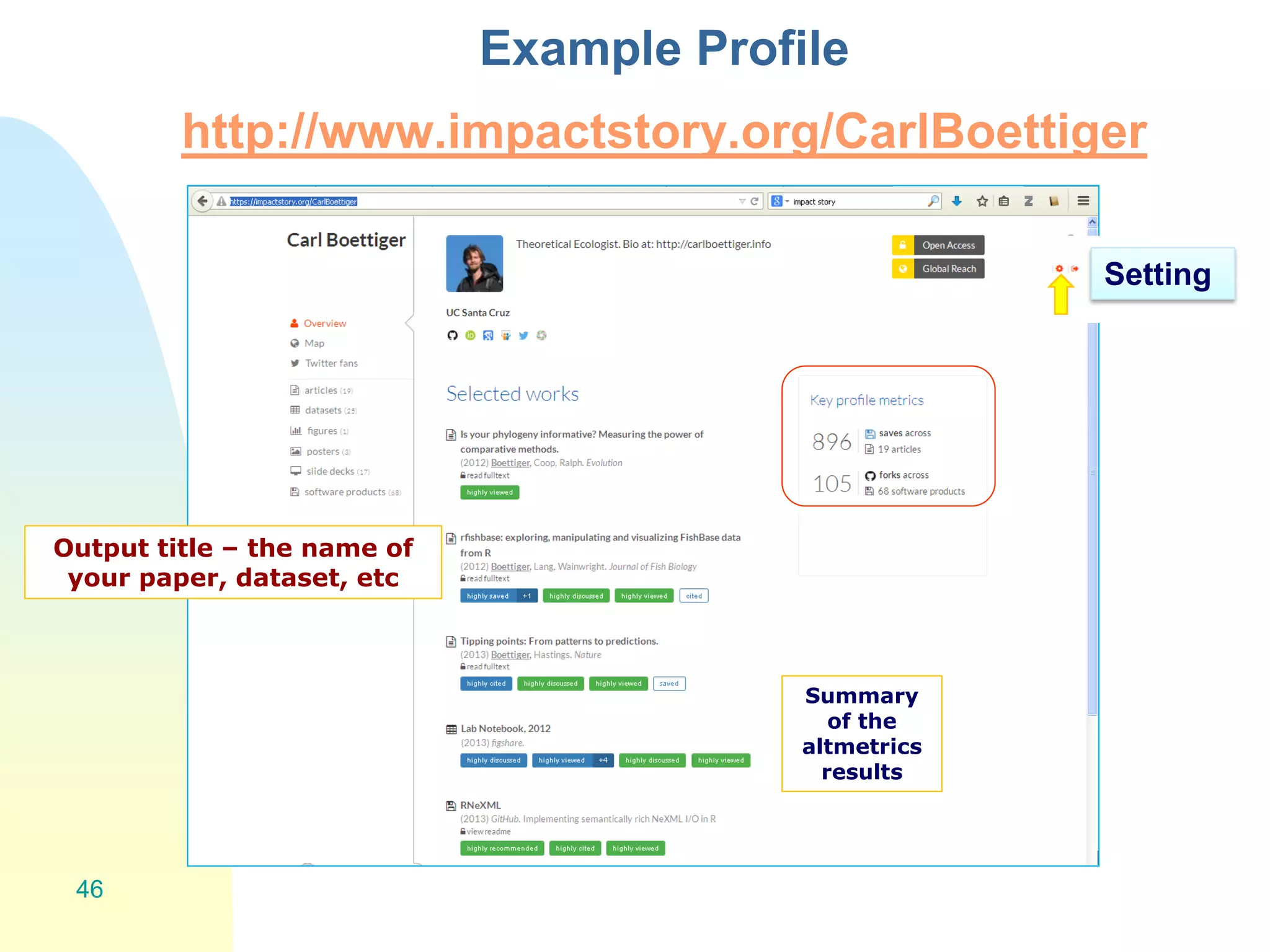 Example Profile
http://www.impactstory.org/CarlBoettiger
46
Setting
Output title – the name of
your paper, dataset, etc
Summary
of the
altmetrics
results
 