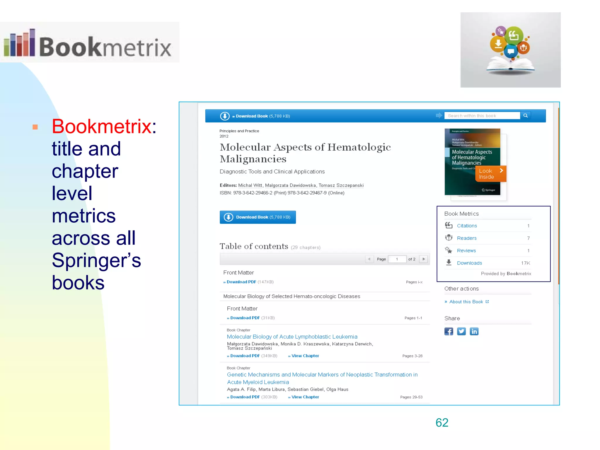  Bookmetrix:
title and
chapter
level
metrics
across all
Springer’s
books
62
 