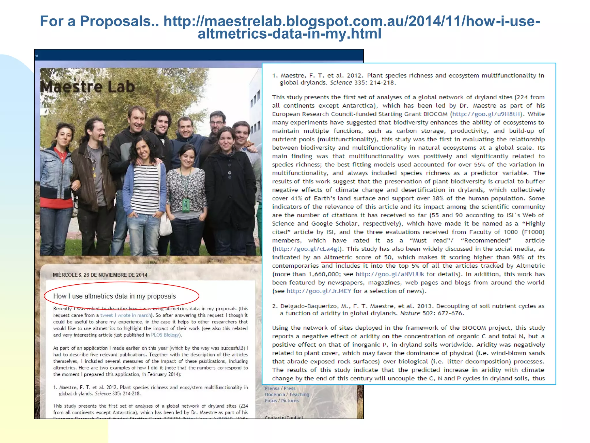 For a Proposals.. http://maestrelab.blogspot.com.au/2014/11/how-i-use-
altmetrics-data-in-my.html
76
 