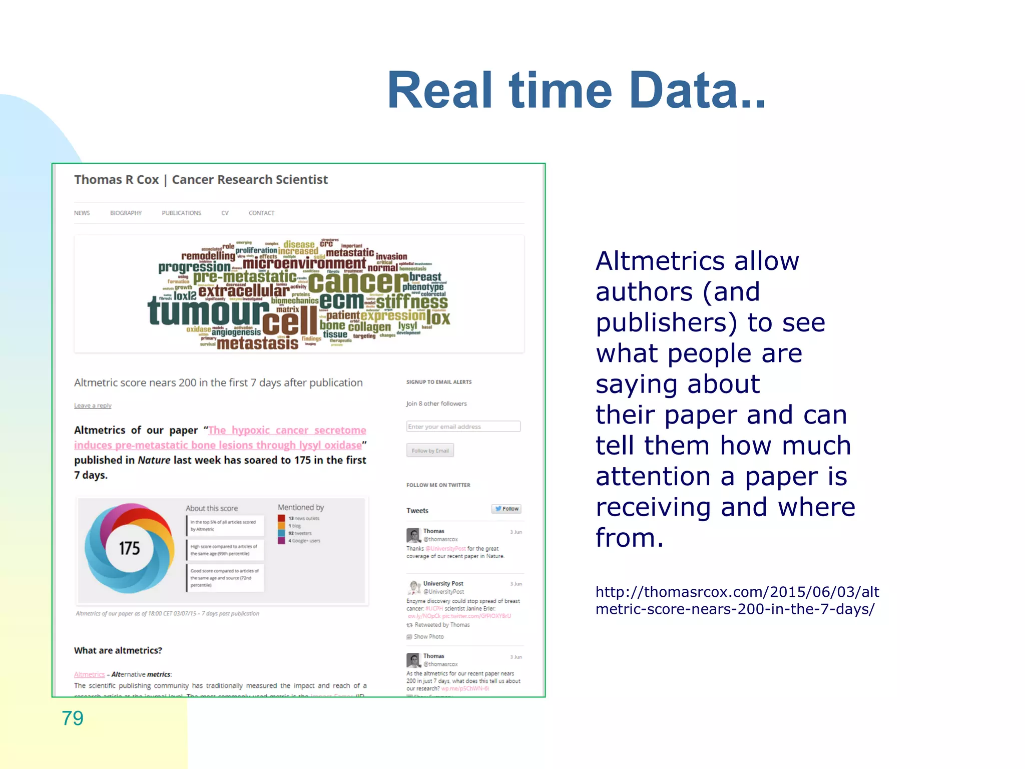 Real time Data..
79
Altmetrics allow
authors (and
publishers) to see
what people are
saying about
their paper and can
tell them how much
attention a paper is
receiving and where
from.
http://thomasrcox.com/2015/06/03/alt
metric-score-nears-200-in-the-7-days/
 