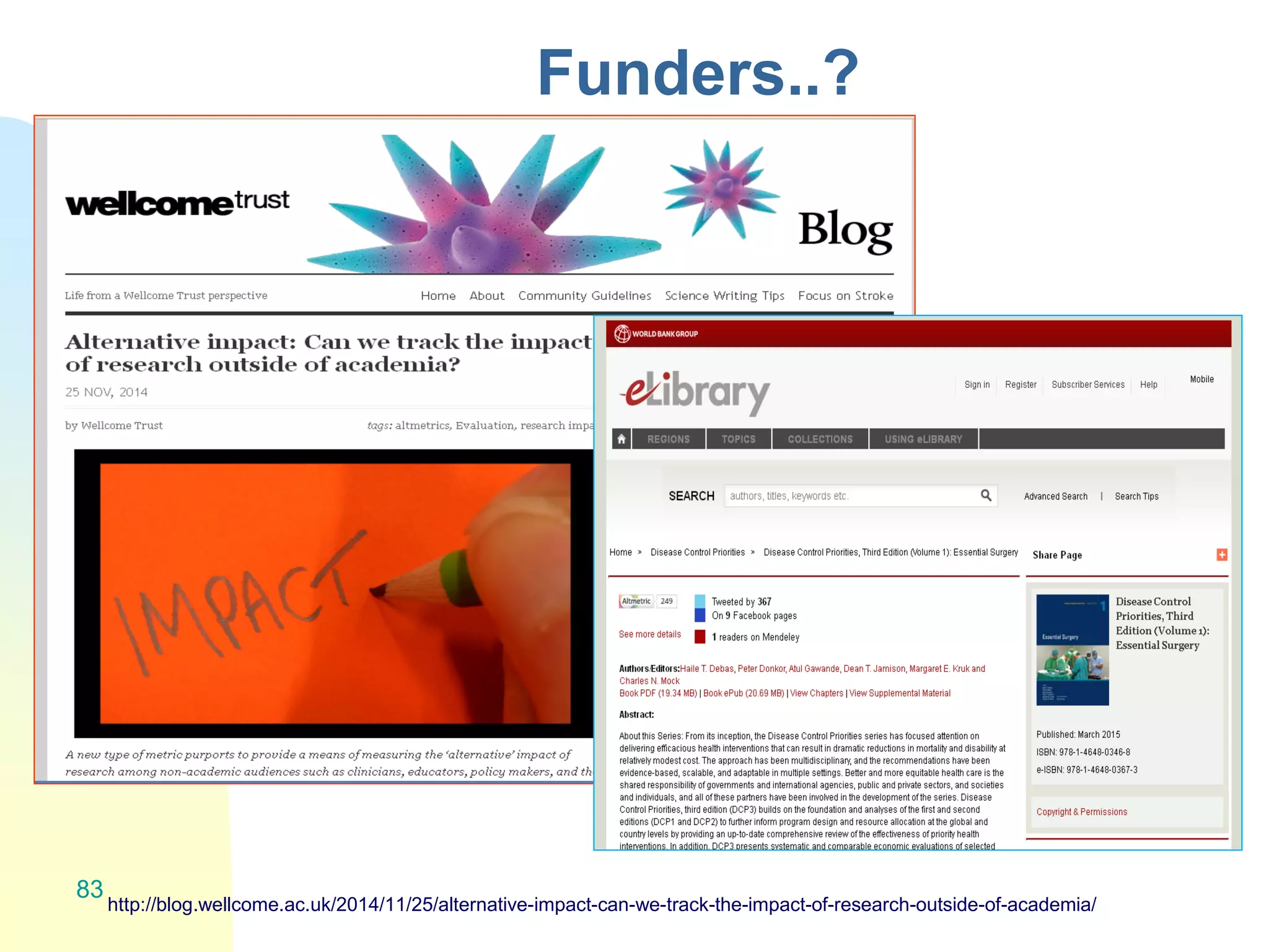 Funders..?
83
http://blog.wellcome.ac.uk/2014/11/25/alternative-impact-can-we-track-the-impact-of-research-outside-of-academia/
 