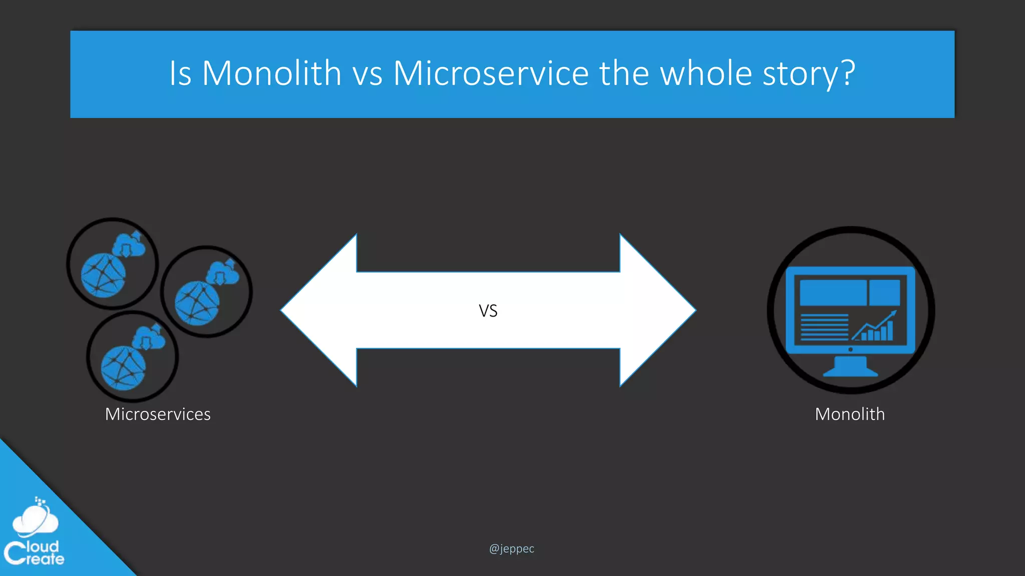 @jeppec
Is Monolith vs Microservice the whole story?
VS
MonolithMicroservices
 