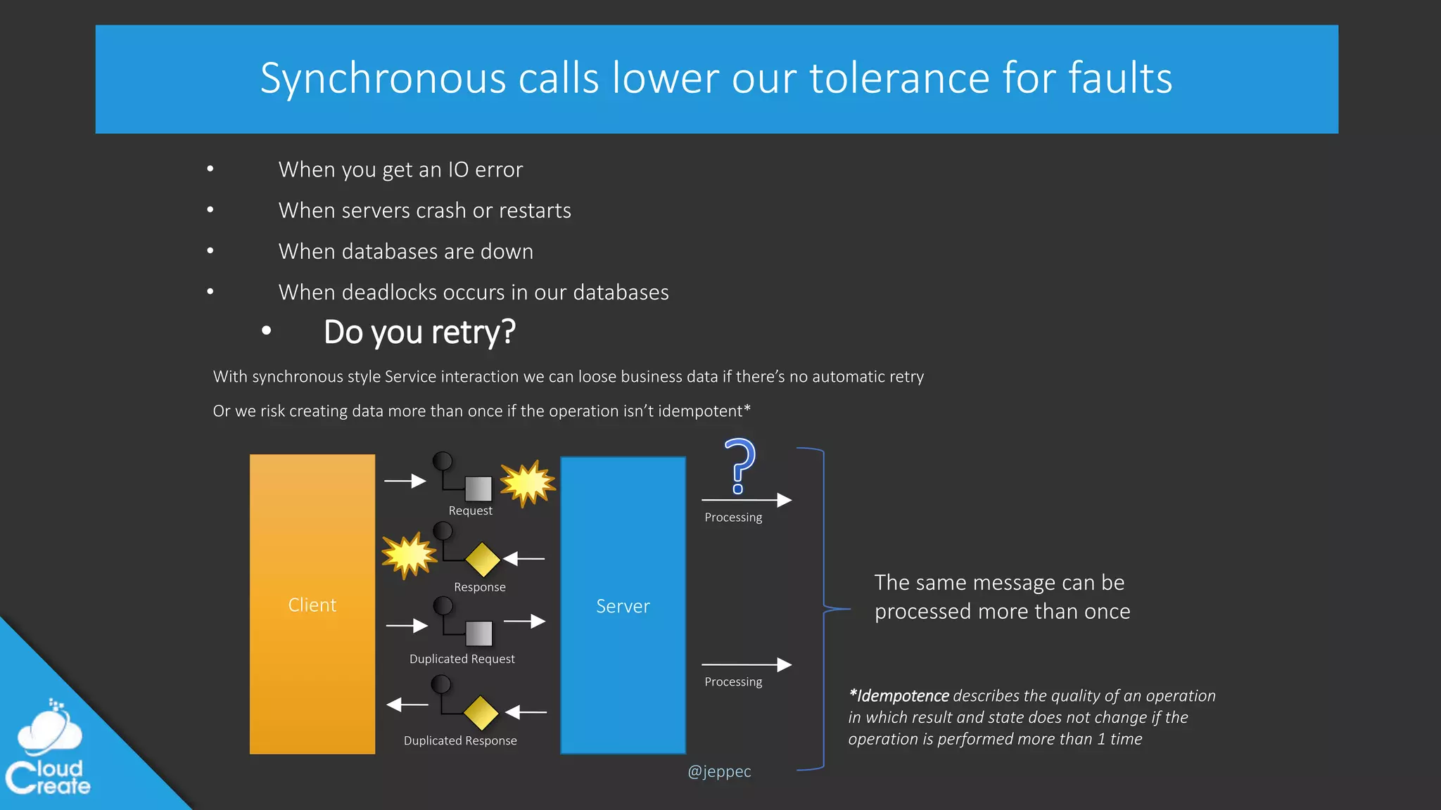 @jeppec
Synchronous calls lower our tolerance for faults
• When you get an IO error
• When servers crash or restarts
• When databases are down
• When deadlocks occurs in our databases
• Do you retry?
With synchronous style Service interaction we can loose business data if there’s no automatic retry
Or we risk creating data more than once if the operation isn’t idempotent*
Client Server
Duplicated Response
Duplicated Request
Processing
Response
Request Processing
The same message can be
processed more than once
*Idempotence describes the quality of an operation
in which result and state does not change if the
operation is performed more than 1 time
 