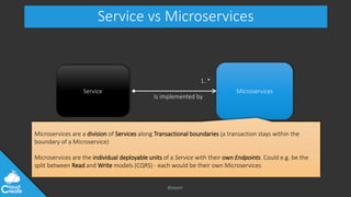 @jeppec
Service Microservices
1..*
Is implemented by
Service vs Microservices
Microservices are a division of Services along Transactional boundaries (a transaction stays within the
boundary of a Microservice)
Microservices are the individual deployable units of a Service with their own Endpoints. Could e.g. be the
split between Read and Write models (CQRS) - each would be their own Microservices
 