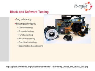 Black-box Software TestingBug advocacyTestingtechniquesDomain testingScenario testingFunctiontestingRisk-basedtestingCombinationtestingSpecification-basedtestinghttp://upload.wikimedia.org/wikipedia/commons/1/1b/Peering_Inside_the_Black_Box.jpg