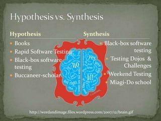 HypothesisBooksRapid Software TestingBlack-box softwaretestingBuccaneer-scholarBlack-box softwaretestingTestingDojos  & ChallengesWeekend TestingMiagi-Do schoolHypothesis vs. SynthesisSynthesishttp://wordandimage.files.wordpress.com/2007/12/brain.gif