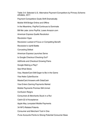 Table 3-4: Selected U.S. Alternative Payment Competitors by Primary Scheme:
eWallets, 2011
Payment Competitors Goals Shift Dramatically
Mobile Will Bridge Online and Offline
In the Meantime, PayPal Continues to Dominate
Bill Me Later Joins PayPal, Loses Amazon.com
American Express Quells Revolution
Revolution Hype
Revolution Lacked of Focus or Compelling Benefit
Revolution’s Uphill Battle
Conceding Defeat
American Express Launches Serve
Is Google Checkout Checking Out?
AdWords and Checkout Growing Pains
Google Making a Play?
See What Sticks
Visa, MasterCard Still Eager to Be in the Game
Visa Nabs CyberSource
MasterCard Answers with DataCash
Visa Enters Gaming Payments Market
Mobile Payments Promise Still Unmet
Confusion Reigns
Consumers & Merchants Stuck in a Rut
Catch-22 of Acceptance
Apple May Jumpstart Mobile Payments
34 NFC-Related Patents
Consumer and Merchant Tool in One
iTune Accounts Points to Strong Potential Consumer Base
 