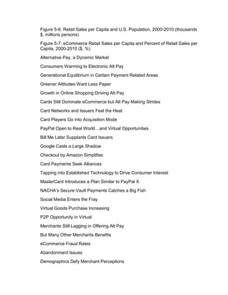 Figure 5-6: Retail Sales per Capita and U.S. Population, 2000-2010 (thousands
$, millions persons)
Figure 5-7: eCommerce Retail Sales per Capita and Percent of Retail Sales per
Capita, 2000-2010 ($, %)
Alternative Pay, a Dynamic Market
Consumers Warming to Electronic Alt Pay
Generational Equilibrium in Certain Payment Related Areas
Greener Attitudes Want Less Paper
Growth in Online Shopping Driving Alt Pay
Cards Still Dominate eCommerce but Alt Pay Making Strides
Card Networks and Issuers Feel the Heat
Card Players Go into Acquisition Mode
PayPal Open to Real World…and Virtual Opportunities
Bill Me Later Supplants Card Issuers
Google Casts a Large Shadow
Checkout by Amazon Simplifies
Card Payments Seek Alliances
Tapping into Established Technology to Drive Consumer Interest
MasterCard Introduces a Plan Similar to PayPal X
NACHA’s Secure Vault Payments Catches a Big Fish
Social Media Enters the Fray
Virtual Goods Purchase Increasing
P2P Opportunity in Virtual
Merchants Still Lagging in Offering Alt Pay
But Many Other Merchants Benefits
eCommerce Fraud Rates
Abandonment Issues
Demographics Defy Merchant Perceptions
 